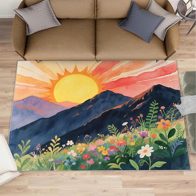Boho Sun Area Rugs 8x10ft, Minimalist Line Area Rug for Living Room, Geometric Solar Modern Rug with Double Sided Carpet Tape for Bedroom Men Room Decor