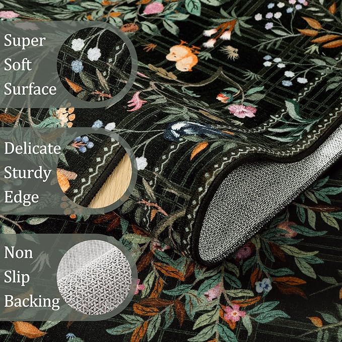 Morebes Floral Washable Runners for Hallways 2x8 Non Slip, Boho Flower Entryway Runner Rug, Botanical Birds Indoor Ultra-Thin Soft Floor Carpet Runners for Kitchen Laundry Bath Room Entrance, Black