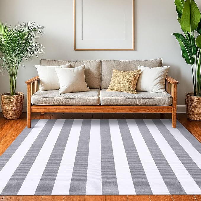 KOZYFLY Grey and White Striped Rug 4'x6' Indoor Outdoor Rug Cotton Hand-Woven Washable Striped Layered Doormats for Front Door/Kitchen/Farmhouse/Entryway/Patio