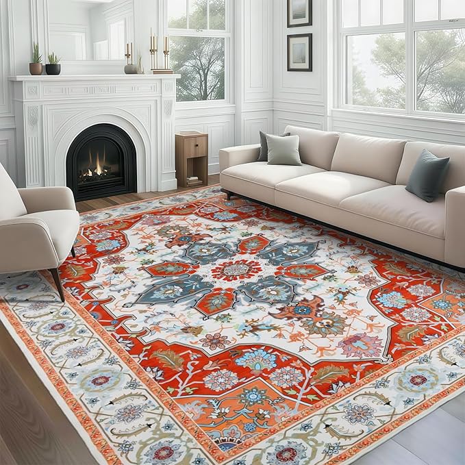 WILLSUN Washable Area Rugs, 9x12 Non-Slip Boho Large Area Rugs for Living Room, Bedroom, Machine Washable Vintage Rug, Indoor Floral Print Carpet for Home Decor, Kid & Pet Friendly Mat