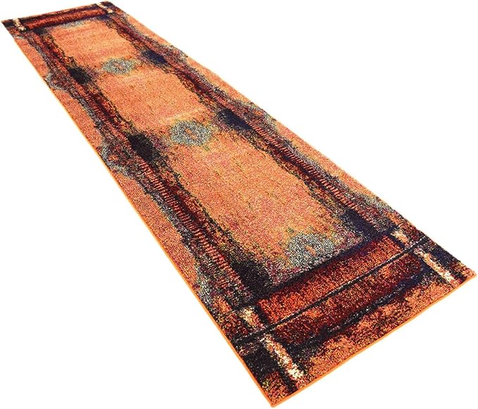 Unique Loom Estrella Collection Rustic, Distressed, Modern, Abstract Area Rug (2' 7 x 10' 0 Runner, Orange/Black)