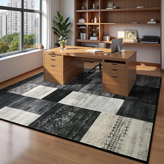 DweIke Washable Area Rugs for Living Room, 6x9 Large Bedroom Rugs, Geometric Non Slip Low Pile Indoor Throw Carpets for Bedroom Apartment Dining Room Home Office Hardwood Floor, Black and White