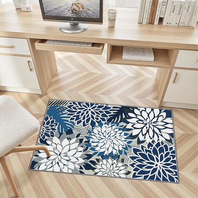 2x3 Washable Small Rug Tropical Botanical Modern Floral Indoor Chenille Door Mat Carpet Non Slip for Patio, Entry Way, Entrance, Porch, Blue