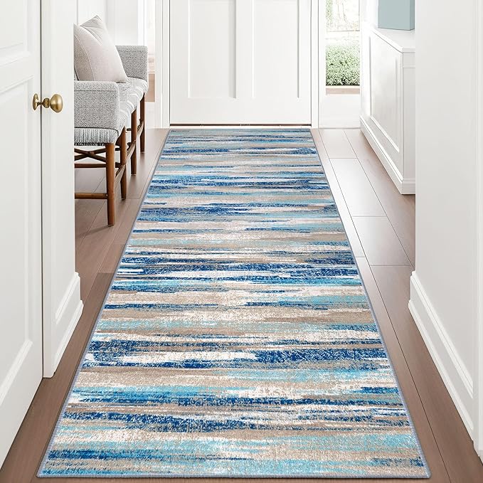 Modern Abstract Runner Rug 3x8, Blue Washable Kitchen Runner Non-Slip Soft Hallway Rug Runner Thin Print Faux Wool Carpet for Entryway Bedroom Laundry Room Indoor Home Office Decor