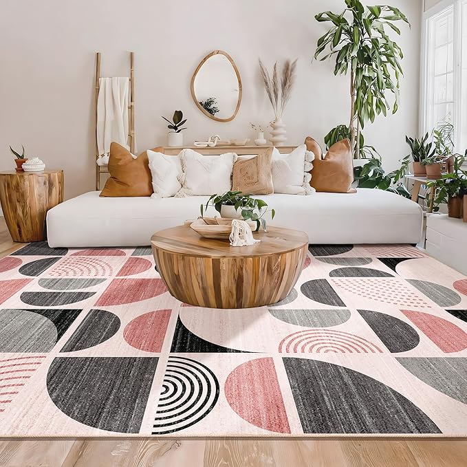 MUJOO Pink Washable Rugs 9x12,Boho Area Rugs for Living Room Bedroom Dining Room,Large Throw Floor Carpet Non Slip Soft Modern Abstract Pink and Grey