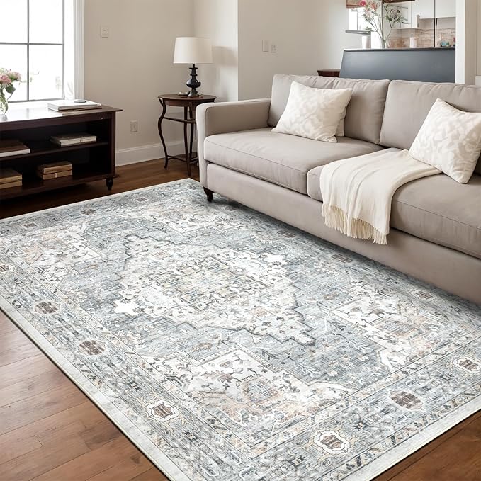 Area Rug 9×12 Washable Rugs for Bedroom, Vintage Floral Rug Soft Non Slip Stain Resistant Carpet for Living Room Dinning Room Kitchen Home Office Blue Green Multi