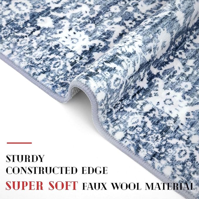 Runner Rug 2.6x12, Light Blue White Washable Long Hallway Rug Runner Non-Slip Soft Kitchen Runner Thin Printed Faux Wool Super Soft Carpet for Entryway Bedroom Laundry Room Indoor Home Decor