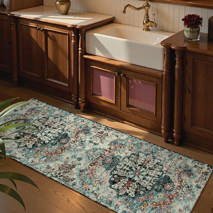 Lahome Bohemian Floral 2'8" x 8' Washable Hallway Runner Rug, Non Slip Kitchen Carpet Runners, Turkish Soft Pet Friendly Stair Mat for Bathroom Laundry Room Sunroom, Teal