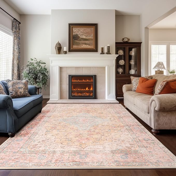 Rugs for Living Room, 8x10 Large Area Rugs Ultra Soft Washable, Vintage Boho Faux Wool Carpet for Dining Room, Bedroom, Office, Home Decor (Cinnamon)