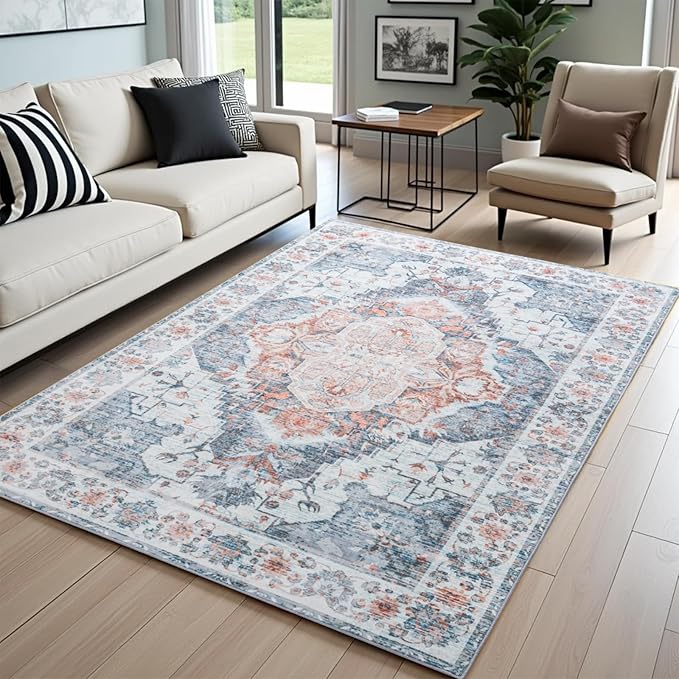 5x7 Washable Rug – Boho Non-Slip Indoor Area Rug for Living Room, Bedroom, Dining Room, Entryway –Muted Blue and Rust Distressed Pattern