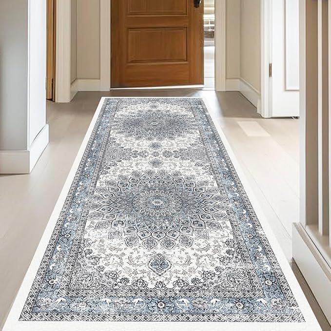 2x6 Runner Rugs for Entrance Non-Slip Washable Hallway Runner Rugs for Bedroom Low Pile Vintage Runners Blue