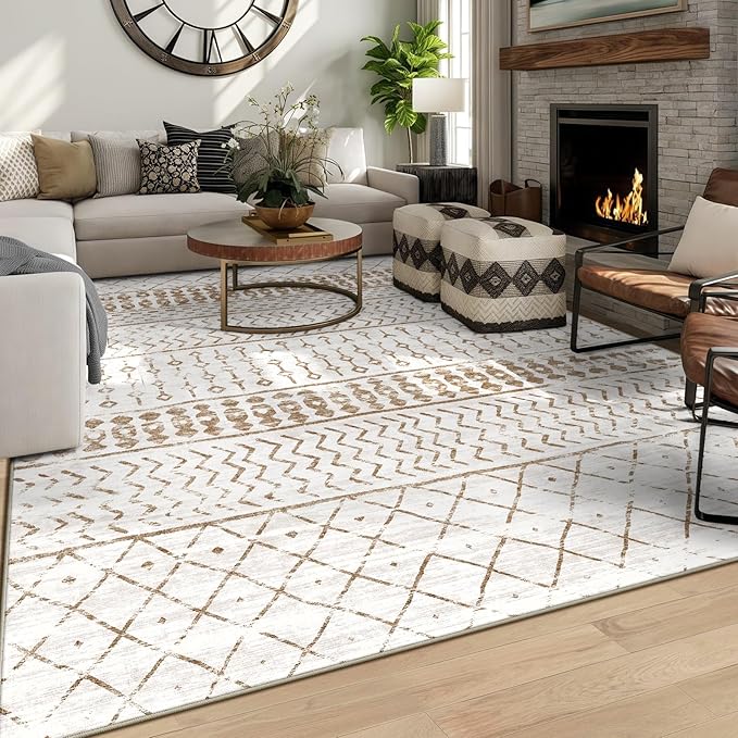 6x9 Machine Washable Area Rug for Living Room, Brown White Vintage Moroccan Rug Large Non-Slip Low Pile Soft Faux Wool Carpet, Kids and Pets Friendly for Bedroom Dining Room Farmhouse Home Decor Rug