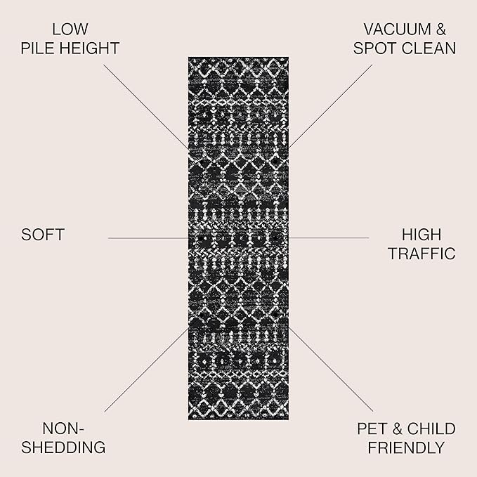 JONATHAN Y Boho Vintage Diamond Black/Ivory Runner Rug 2X20 ft, Moroccan Hype for Living Room, Bedroom, Kitchen, Office, Easy-Cleaning, High Traffic, Pet-Friendly, Non-Shedding (MOH101D-220)