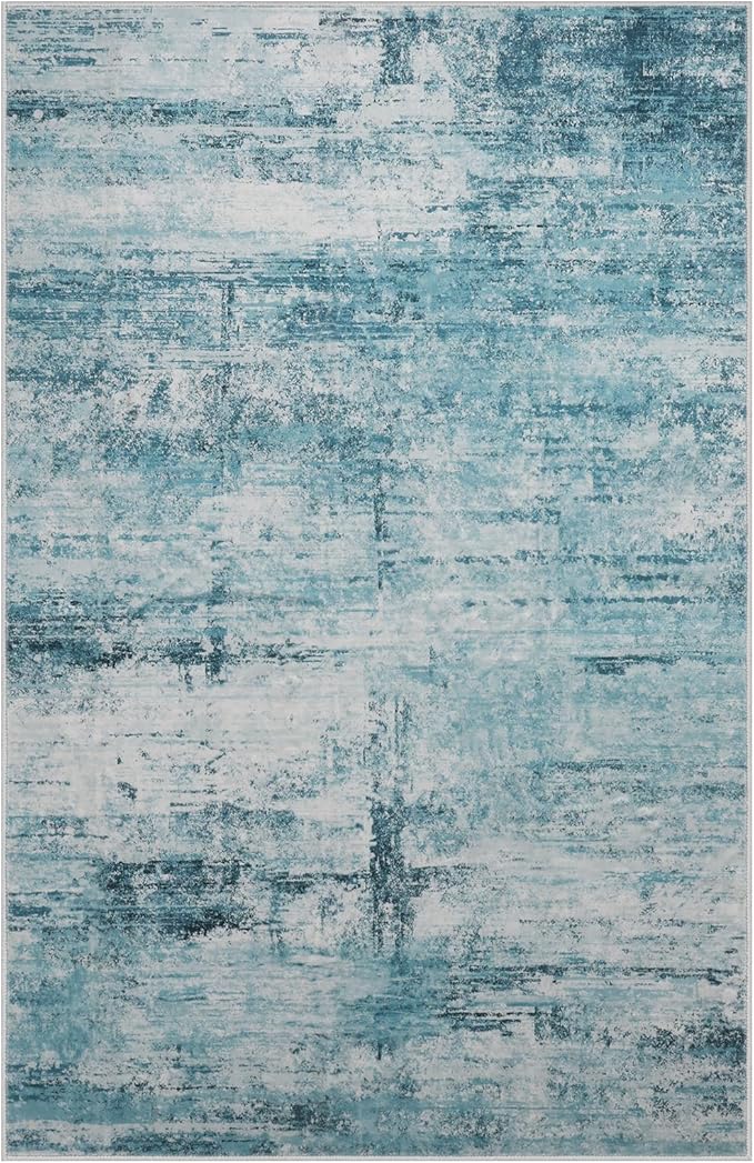 6x9 Abstract Area Rugs for Living Room, Modern Teal Grey Washable Indoor Rug for Bedroom, Thin Soft Large Non-Slip Carpet for Dining Room Home Office Farmhouse Decor - Teal+Gray