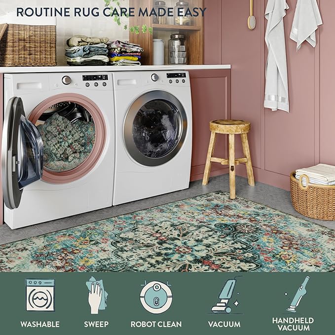 Lahome Boho Bohemian Area Rug - 2x3 Small Washable Bathroom Entryway Kitchen Rug,Floral Medallion Non Slip Pet Friendly Vintage Throw Carpet for Indoor Front Door Sink Living Room Bedroom,Teal