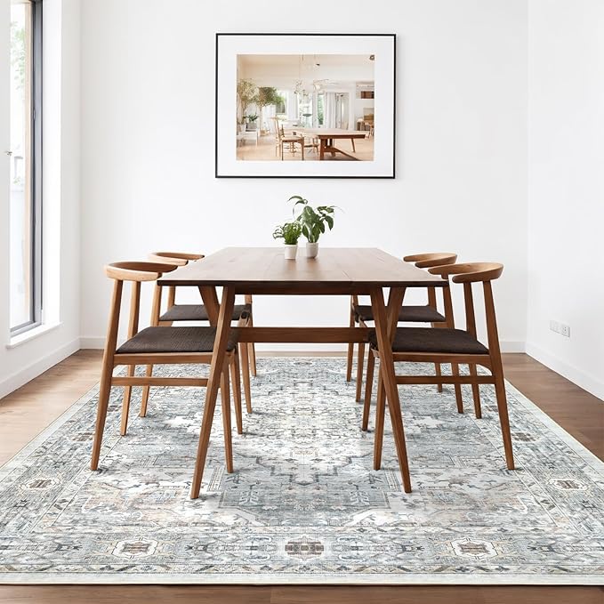 Area Rug 8×10 Washable Rugs for Bedroom, Vintage Floral Rug Soft Non Slip Stain Resistant Carpet for Living Room Dinning Room Kitchen Home Office Blue Green Multi