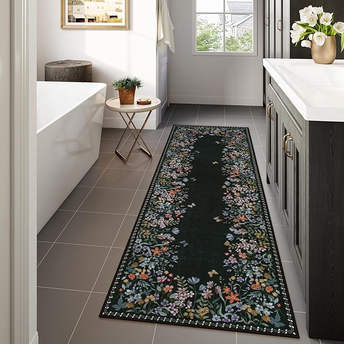 Lahome Boho Floral 2'6"x8 Black Washable Hallway Kitchen Runner Rug, Non Skid Bathroom Carpet Runner, Soft Non-Slip Rug Runners for Entryway Laundry Bedroom(2'6"x8ft,Black)