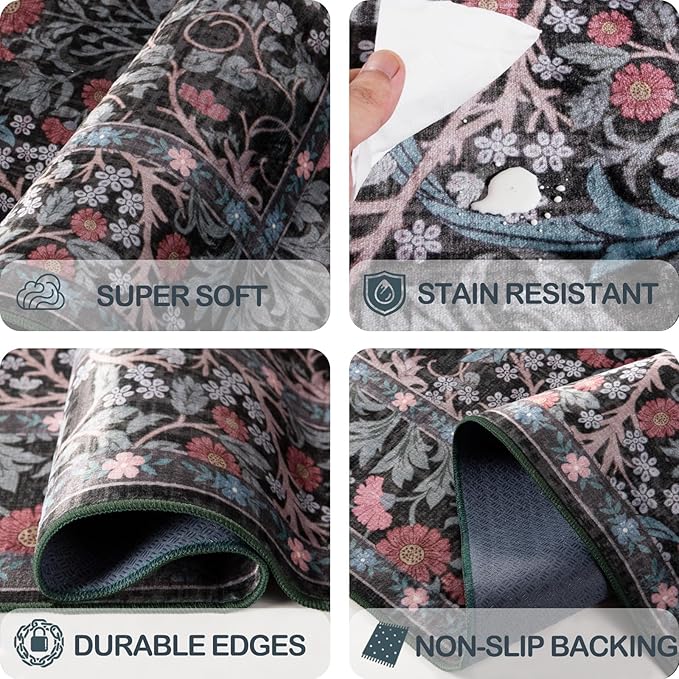 Area Rug for Living Room, 10x12 Large Washable Rugs for Dining Room, Bedroom, Non Slip Stain Resistant Carpet, Low Pile Vintage Floral Rug (Dark Green)