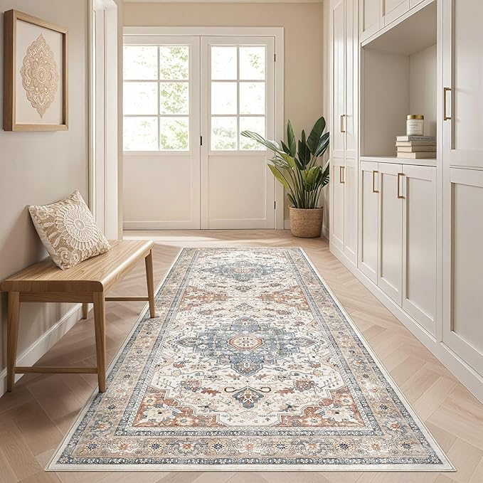 Runner Rug Kitchen Washable Rugs: 3x10 Non-Slip Boho Vintage Distressed Stain Resistant Indoor Neutral Farmhouse Throw Carpet for Hallway Bathroom Laundry Room Entryway Bedroom- Beige Blue