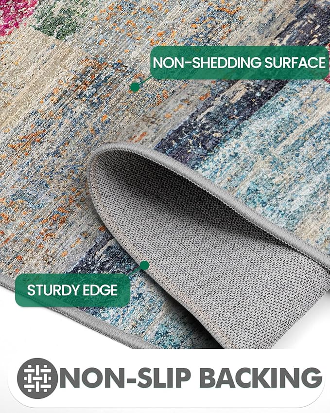 LUMI Washable Runner Rug, 3'x7' Non-Slip Hallway Mat, Low Profile Thin Long Carpeet for Laundry Kitchen Bedroom Office, Multicolor