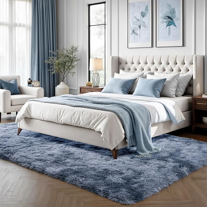 Zentavio Area Rugs for Living Room Large Rugs for Bedroom 5x8 Carpet Fluffy Fuzzy Soft Shag Aesthetic Plush High Pile Gray Throw Rug for Nursery Kids Room Dorm Tie-Dyed Blue Grey