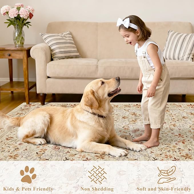 DUKINO 2x5 Washable Runner Rug, Floral Non Slip Bathroom Rugs with Soft Low Pile Design, Lightweight Non-Shedding Carpet Runner for Bathroom, Kitchen, Hallway, Bedroom, Laundry, Beige