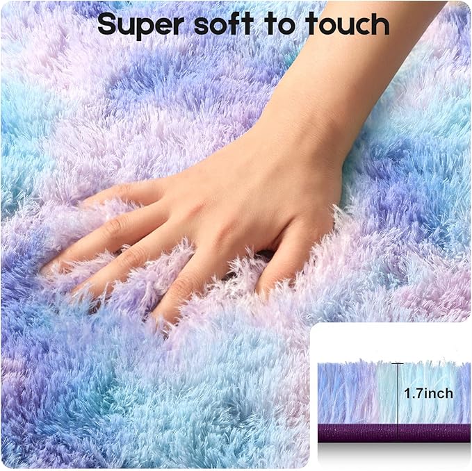 2x3 Rugs for Bedroom, Fluffy Small Area Rugs for Living Room, Soft Shag Fuzzy Carpet with 4 Non-Slip Stickers for Kids Boys and Girls Nursery Dorm Room Home Decor (Rainbow, 2ft x 3ft)