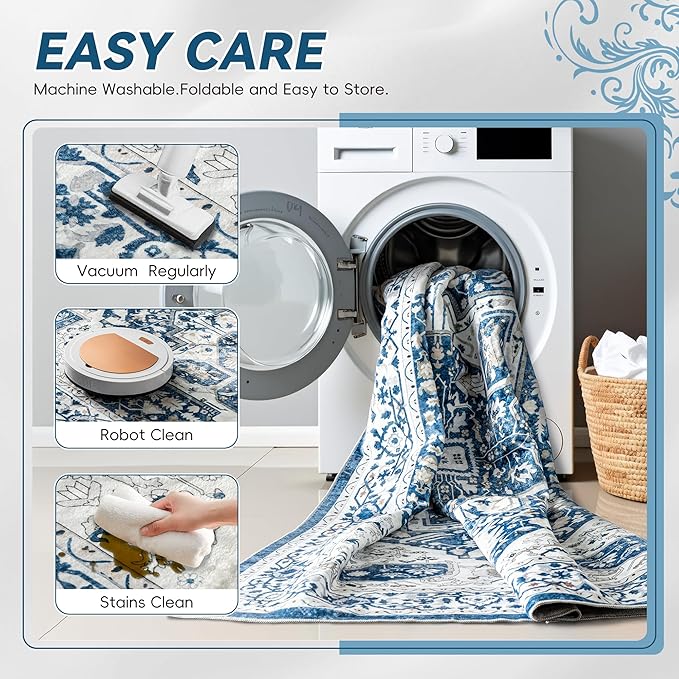 EnHomee 3x5 Washable Area Rugs for Bedroom, Boho Vintage Rugs, Foldable Area Rug for Dining Room, Non-Slip Soft Living Room Rug, Low Pile Large Carpet for Bathroom, Blue and White