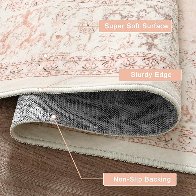 LIVEBOX Washable Oriental Runner Rug 2.5x8 - Long Vintage Tribal Pink for Kitchen Boho Non-Slip Hallway, Low-Pile Accent Throw Area Rug for Laundry Room