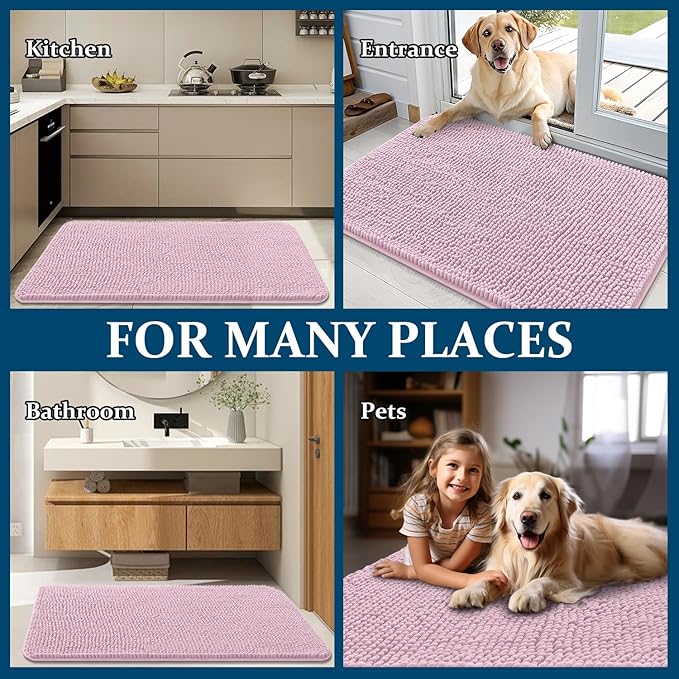 OLANLY Dog Door Mat for Muddy Paws 70x24, Absorbs Moisture and Dirt, Absorbent Non-Slip Washable Doormat, Quick Dry Chenille Mud Mat for Dogs, Entry Indoor Entryway Carpet for Inside Floor, Dusty Rose