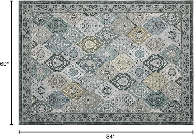 Phantoscope Washable Area Rug 5'x7' Non-Slip, Vintage Boho Rugs for Living Room, Bedroom, Dining Room, Distressed Moroccan Mosaic Diamond Pattern, Low-Pile Foldable Floor Carpet, Grey Charcoal