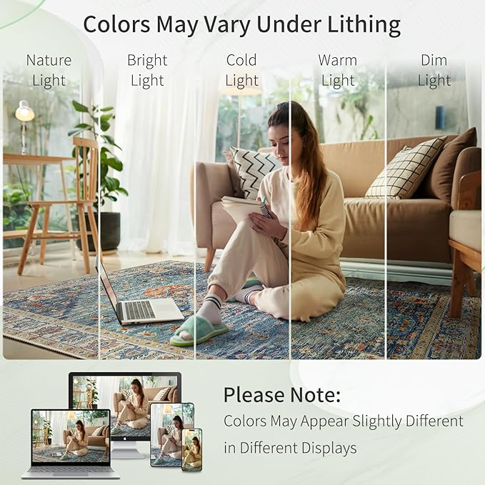 Enkor Area Soft Rugs 8x10 Washable Non Slip Boho Floor Rugs for Living Room Bedroom, Vintage Style Farmhouse Mat for Kitchen Entryway Green & Blue
