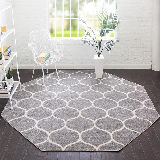Rugs.com Lattice Frieze Collection Rug – 7' 10 Octagon Light Gray Medium Rug Perfect for Living Rooms, Kitchens, Entryways