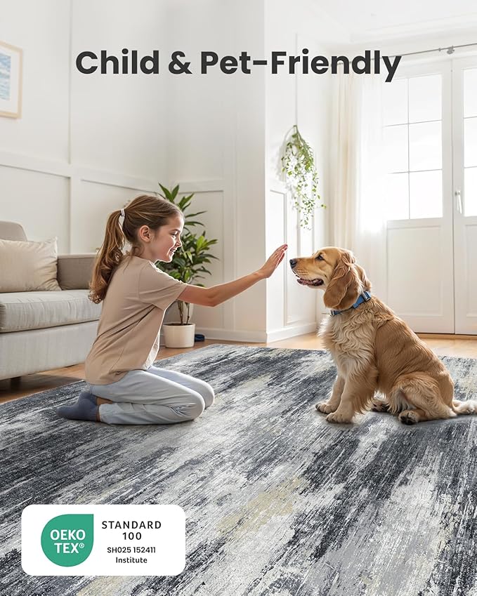 AMADA HOMEFURNISHING 8x10 Area Rug for Living Room, Modern Abstract Rug with Non-Slip Backing & Low Pile, Large Washable Rug with Abstract Pattern for Bedroom, Dinning Room, Home Office, Light Grey