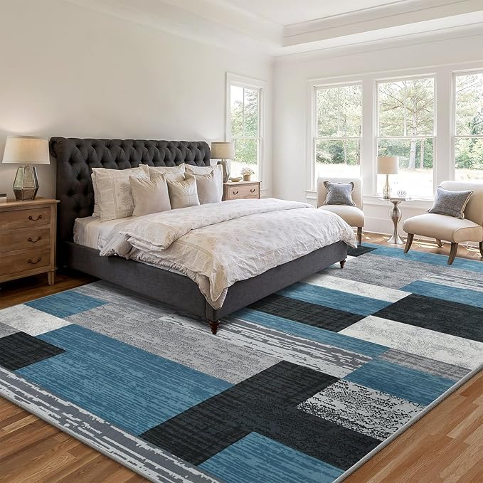 Large Area Rugs,Modern Geometric Patchwork Floor Decor for Bedroom Aesthetic Carpet, Rockwood Collection, Indoor Rugs for Living Room, Dining Room, Nursery, Office, Machine Washable Rug,9x12 Ft Blue