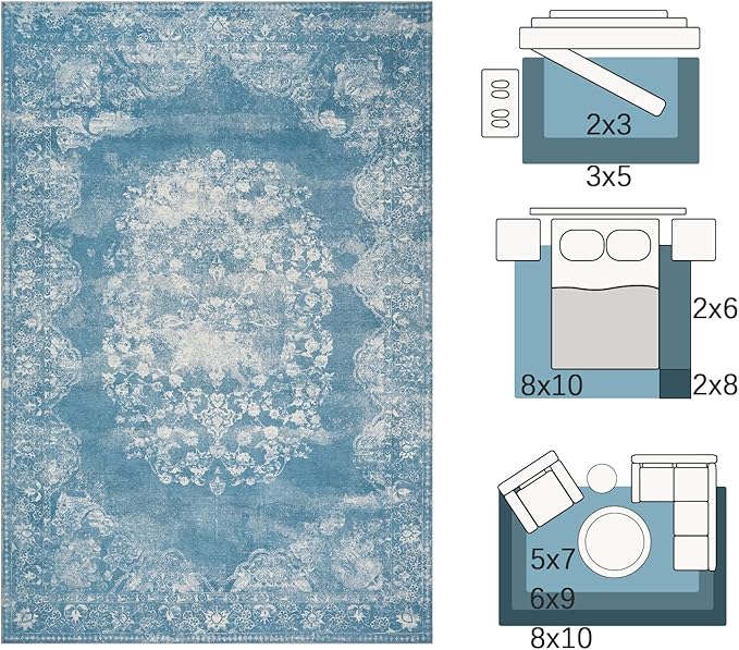 jinchan Washable Area Rug 6x9 for Living Room Soft Faux Wool Ultra-Thin Stain Resistant Non-Slip Distressed Vintage Floral Rug Large Carpet for Bedroom, Dining Room, Home Office, Nursery(Blue, 6'x9')