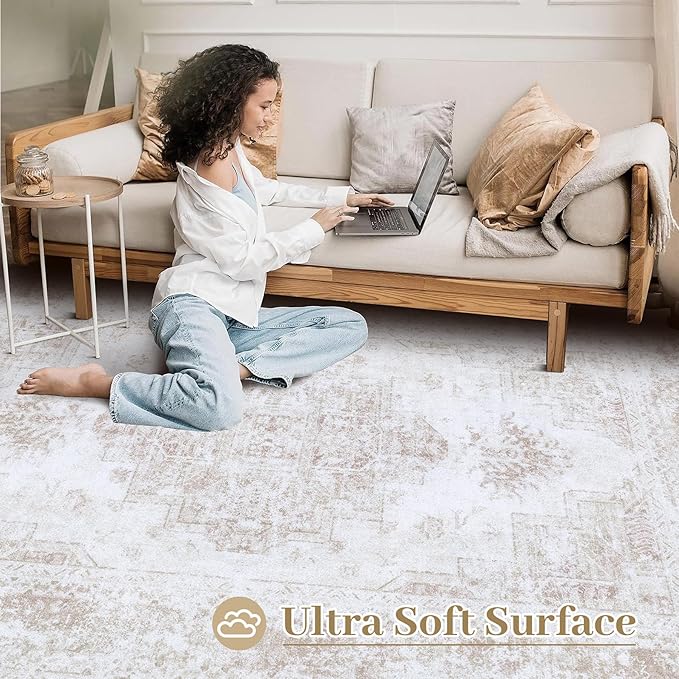 Area Rug 6x9 Living Room Rug, Machine Washable Vintage Distressed Medallion Rug Non-Slip Soft Low Pile Large Indoor Rugs for Bedroom Kitchen Dining Room Office(Beige,6'x9')