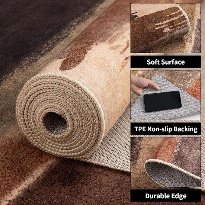 Ciicool 5ft Round Washable Rug, Modern Abstract Circle Rugs, Non-Slip Thin Lightweight Rug Black Brown Circular Print Distressed Carpet for Bedroom Living Room Under Dining Table Home Office Decor