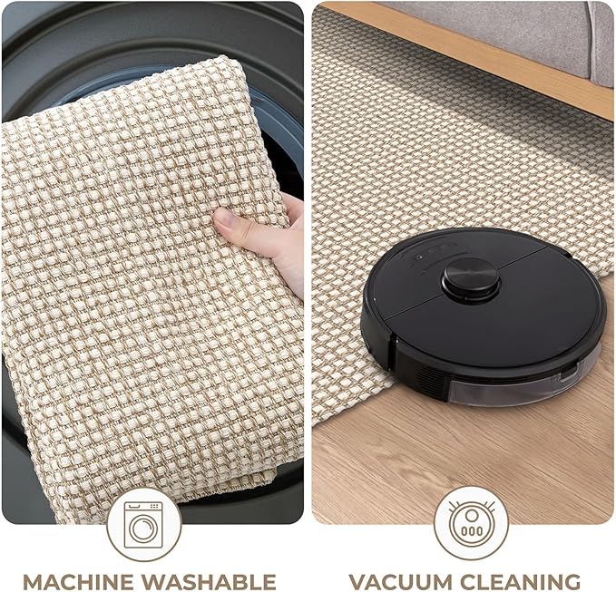 KOZYFLY Runners for Hallways 2x10 ft Washable Kitchen Runner Non Slip Rubber Backed Hallway Rugs Cotton Entryway Runner Rug Floor Carpet for Indoor Hall, Backdoor, Kitchen, Ivory/Khaki