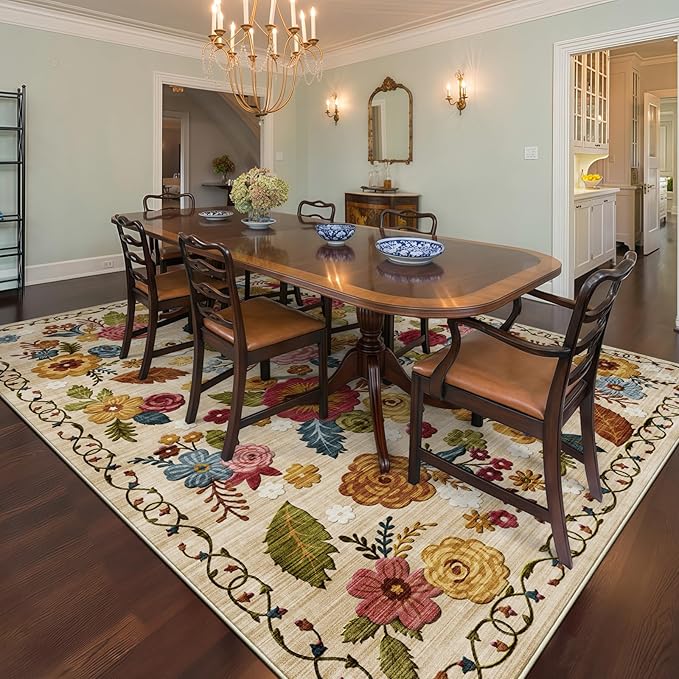 8x10 Machine Washable Area Rug for Living Room, Beige Vintage Boho Floral Rug Large Non-Slip Low Pile Soft Faux Wool Carpet, Kids and Pets Friendly for Bedroom Dining Room Farmhouse Home Decor Rug