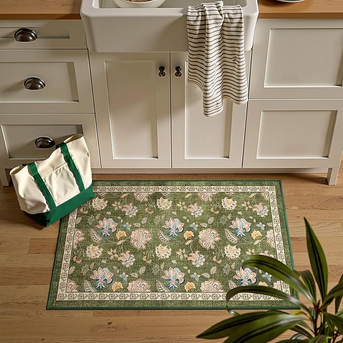 jinchan Elora 2x3 Floral Rug for Entryway Washable Kitchen Rug Vintage Romance Design Small Mat Non Slip Indoor Doormat Lightweight Low-Profile Throw Carpet for Entrance Bathroom Laundry Room, Green