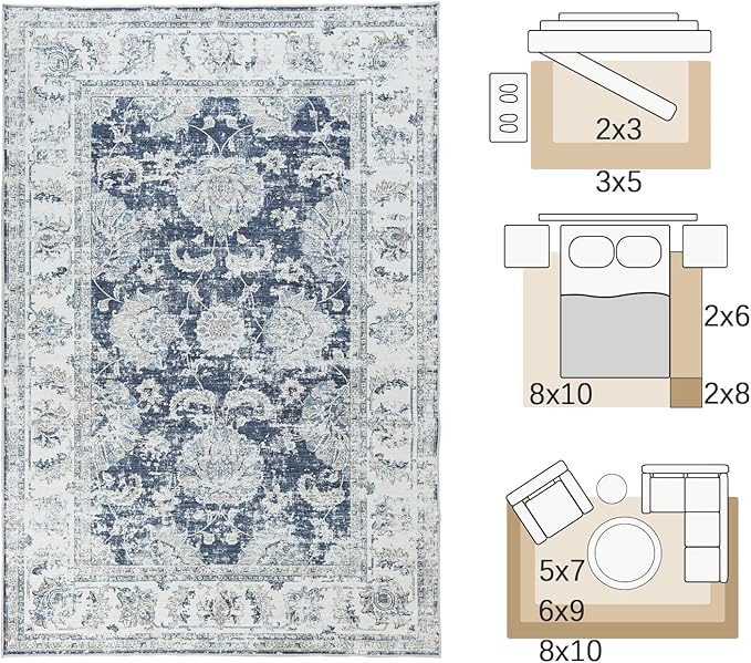 jinchan Fiora Floral 2x3 Rug for Entryway - Vintage Washable Small Non-Slip Distressed Indoor Doormat Ultra-Thin Low-Pile Accent Rug for Entrance Kitchen Bedroom Bathroom (2x3ft, Dark Blue)