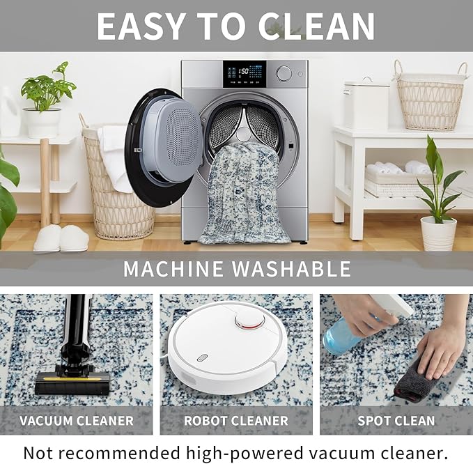 Easy-Going Boho Area Rug 3x5 Entryway Rug Washable Inside Door Mats for Home Entrance Non-Slip Vintage Small Rugs for Entry Living Room Bedroom Kitchen Bathroom Lightweight Carpet, Floral Blue Cream