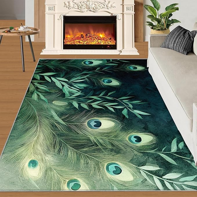 Peacock Feather Rugs for Living Room - 2x3 Rug, Peacock Decor Area Rugs for Bedroom, Teal Turquoise Rug, Plant Washable Carpet, Malachite Green Feather Carpet - Peafowl Home Decor & Gifts