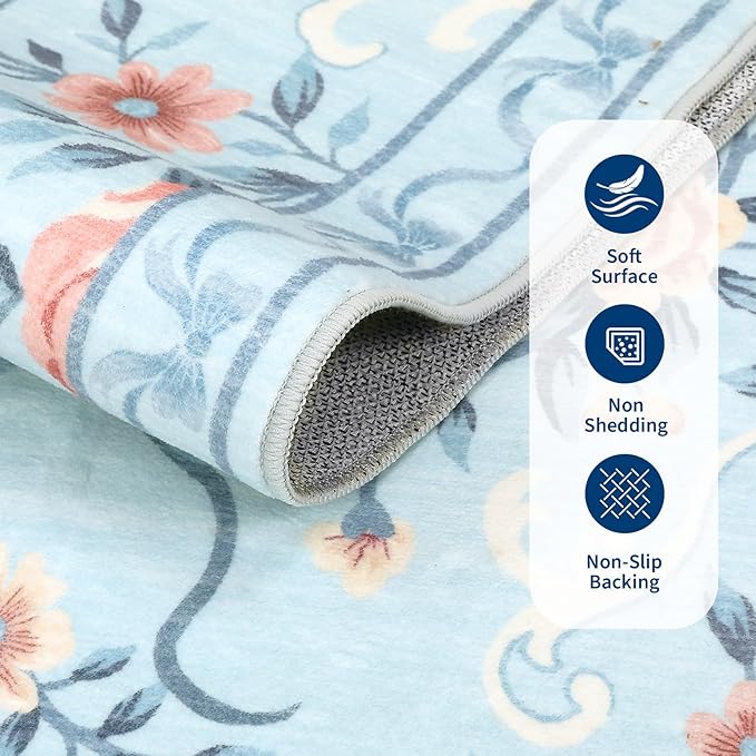 GarveeHome 8x10 Area Rugs for Living Room Washable Rugs Non Slip Stain Resistant Bedroom Floral Rugs Low Pile Soft Dining Room Throw Carpet Blue Bow Large Carpet for Home Office Decor, 8x10
