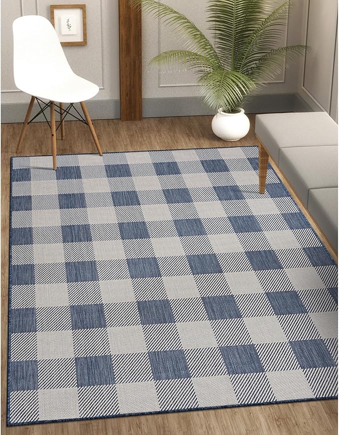 CAMILSON Outdoor Rug - Modern Area Rugs for Indoor and Outdoor Patios, Kitchen and Hallway mats - Easy Cleaning Non Shedding Washable Outside Carpet (6x9, Buffalo - Blue/White)