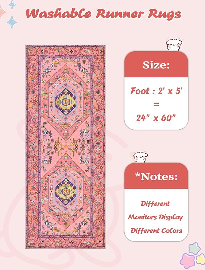 SERISSA Washable Kitchen Runner Rug, 2x5 Non-Slip Fuchsia Pink Runner Rugs for Hallway, Ultra Soft Cute Boho Aesthetic Low-Pile Floor Carpet for Bedroom Bathroom Laundry Living Room
