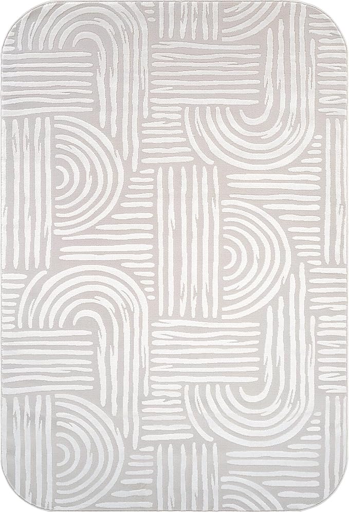Beverly Rug Modern Geometric Area Rug 9x12 Low-High Pile Durable Soft Abstract Curved Indoor Rugs for Living Dining Room Office Stain Resistant Non Shedding Casual Indoor Carpet Beige White 9 x 12