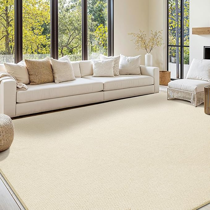 Shilucheng Wool Rug 9x12 Non-Slip, Blend 80% Wool and 20% Cotton Rugs for Living Room, Bedroom, Dinning Room, Soft Durable Cotton Backing Modern Area Rug (Beige)