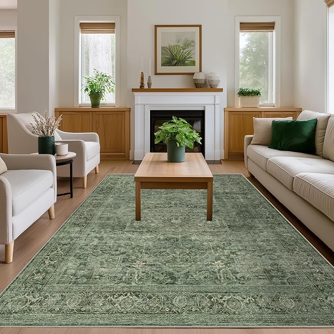 Fmfunctex 8x10 Washable Area Rug Green Vintage Neutral Distressed Oriental Large Non Slip Retro Carpet for Living Room Bedroom Soft Low Pile Indoor Mat Throw Rug for Dining Room Kitchen Office Nursery
